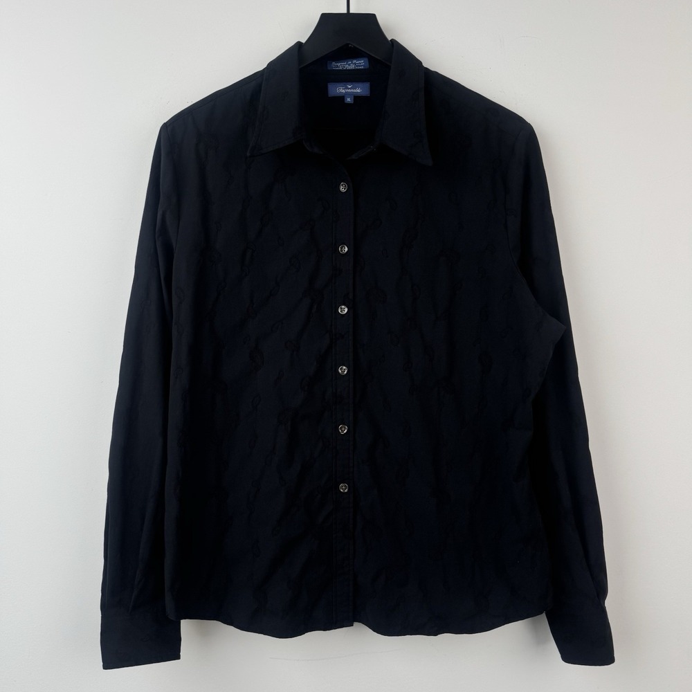 VTG Faconnable Button Up Shirt Womens XL Black Paisley Bandana Long Sleeve